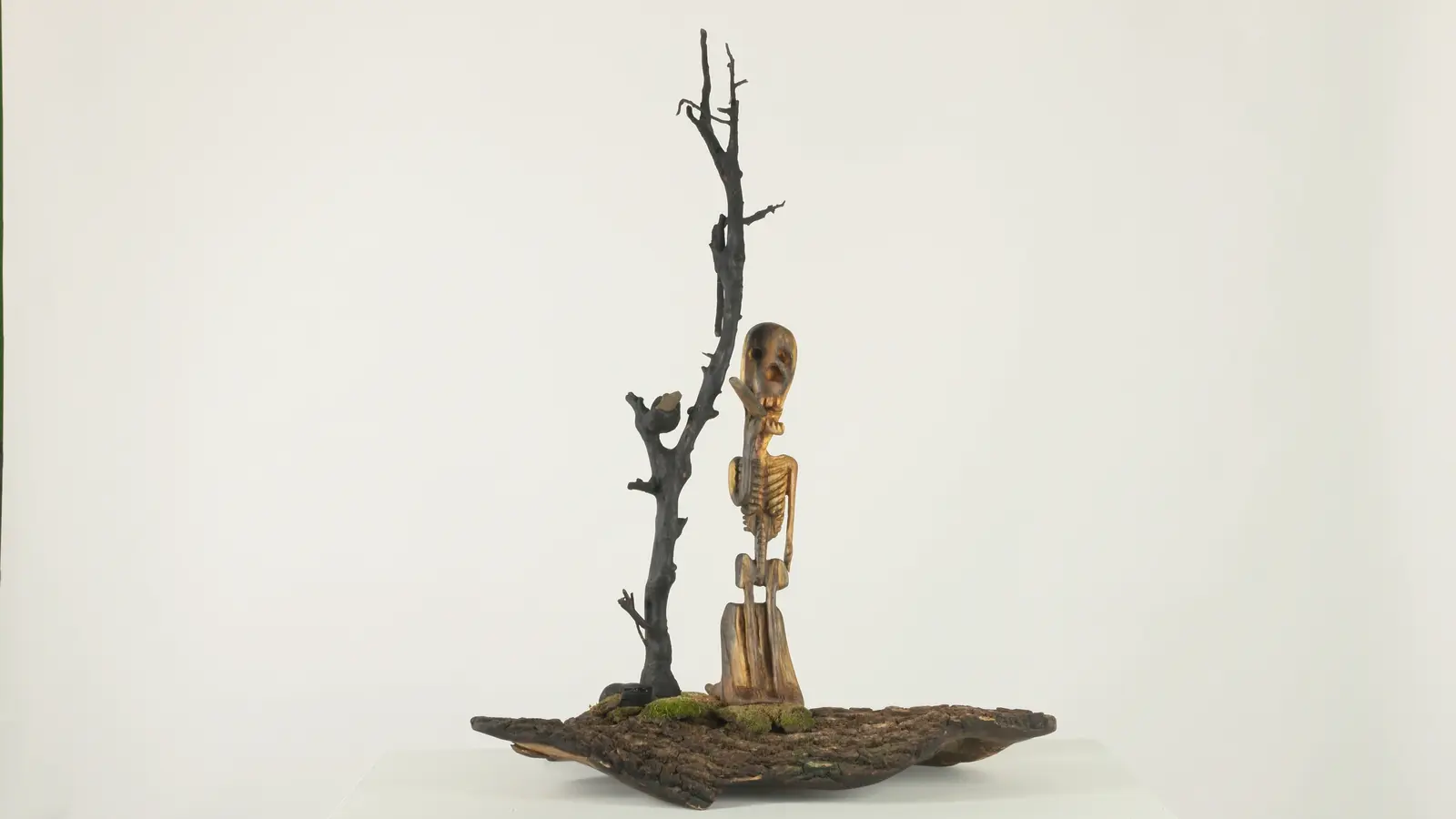 Diorama memento mori — squelette en bois sculpté, arbre mort calciné, base d'écorce, mousse vivante. — vue 1