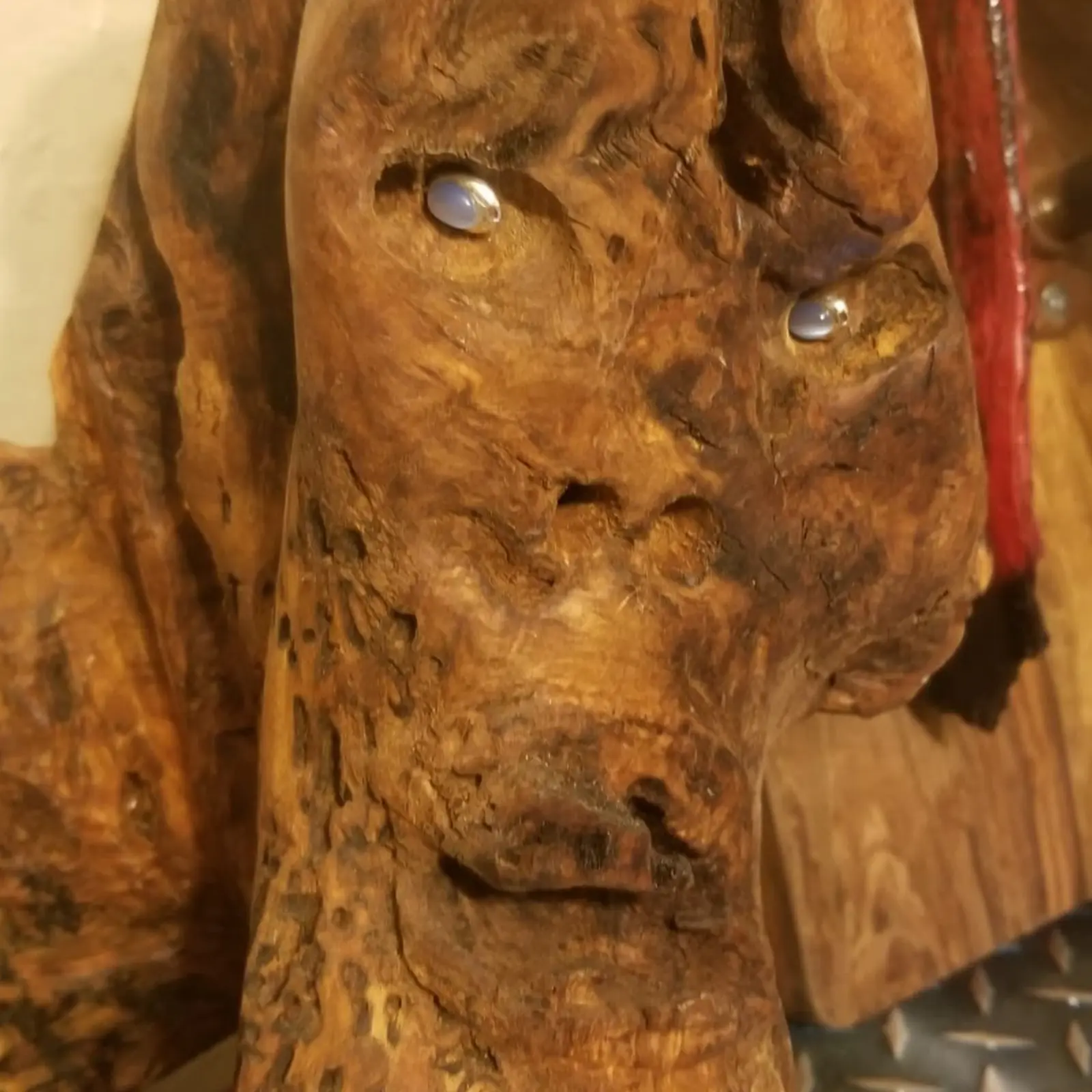 Gros plan du visage taillé dans une loupe de bois brun roux, deux billes de verre bleuté logées dans des orbites en fente, la matière piquée de cavités sombres, un panneau de bois et un montant peint en rouge derrière