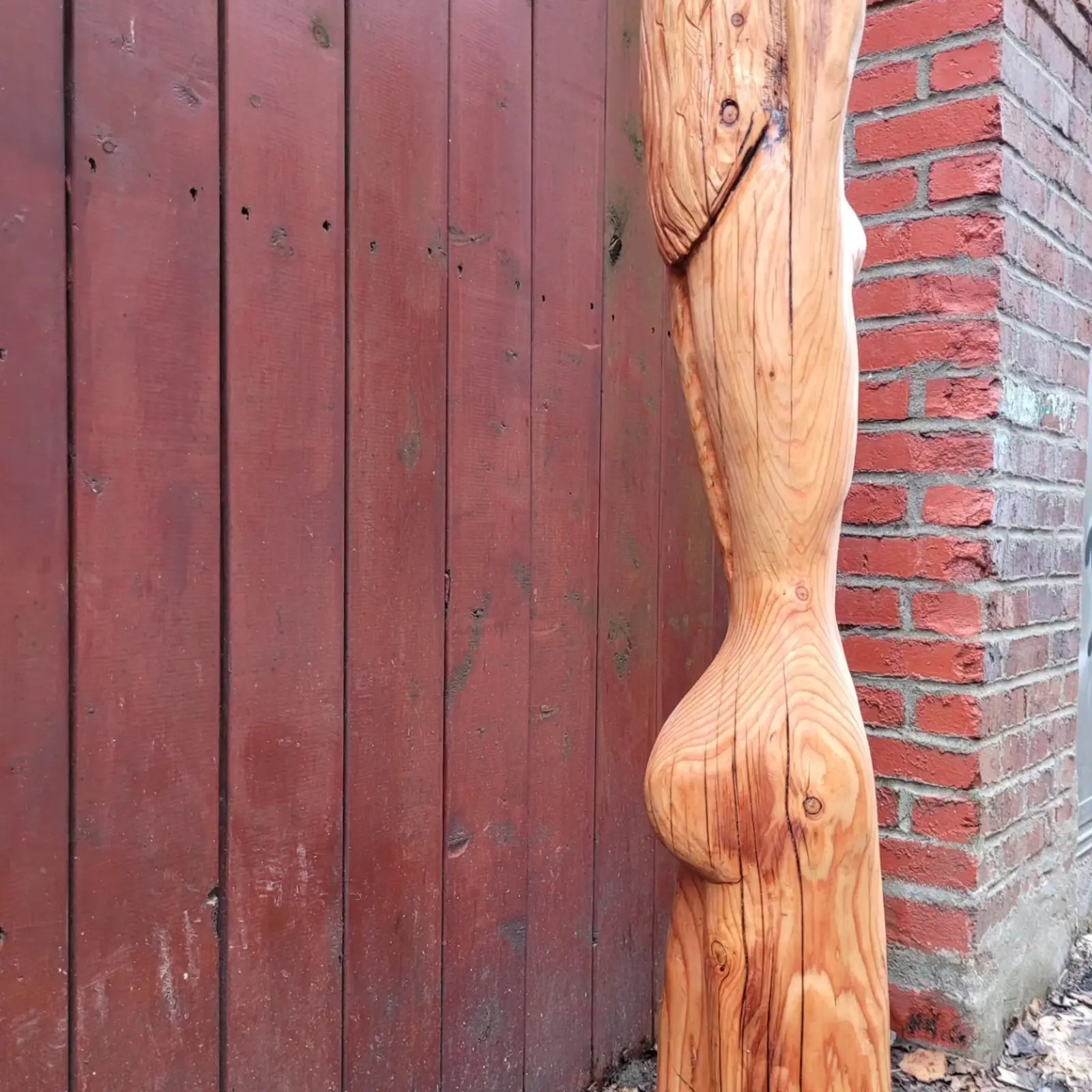 Rear three-quarter view of the pale wood figure, from the raised arm down to the thighs, the grain running along flank and hip, the piece propped against dark red fence boards at the corner of a brick wall
