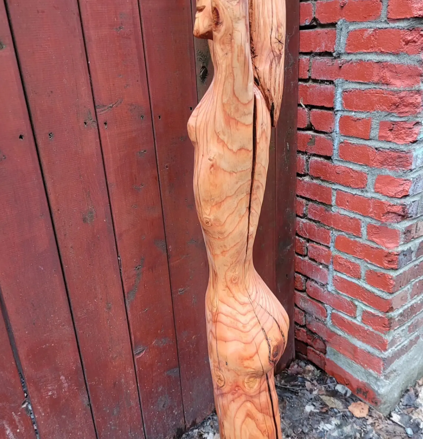 Full-length profile, the head cut off by the top edge, down to the leg standing on gravel, a long split running the length of the torso and the raised arm rising behind, between red fence boards and brick