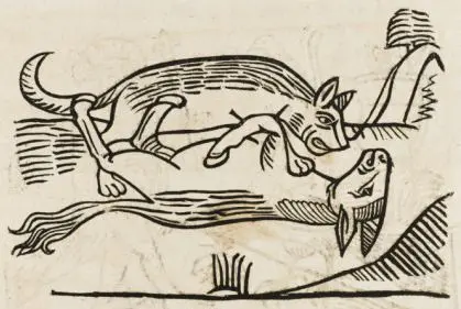 Woodcut: a wolf bent over an ass lying on its back, holding one of its legs, against a sketchy landscape of hills and grass.