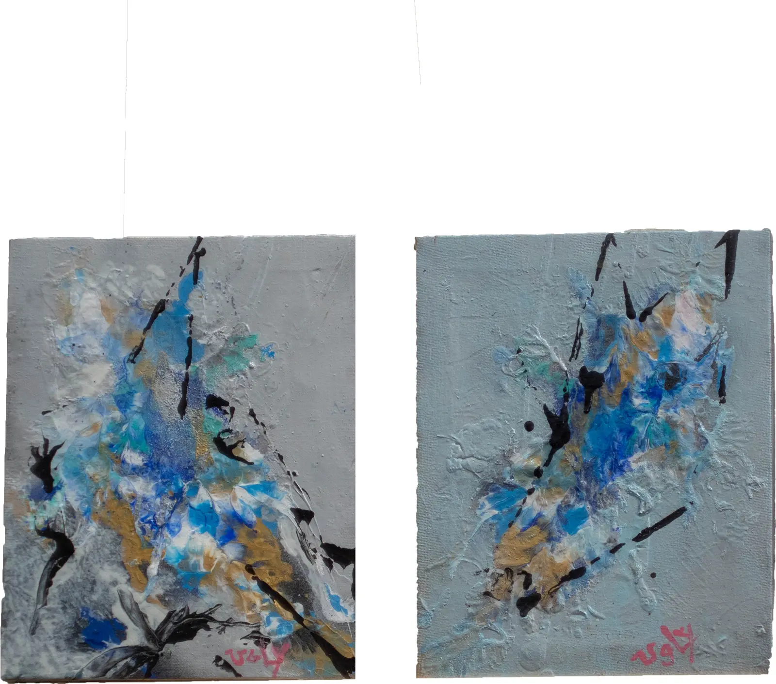 L'âne et le loup — dyptique acrylique abstrait, transfert de matière entre deux toiles, série Van Ugly 2018