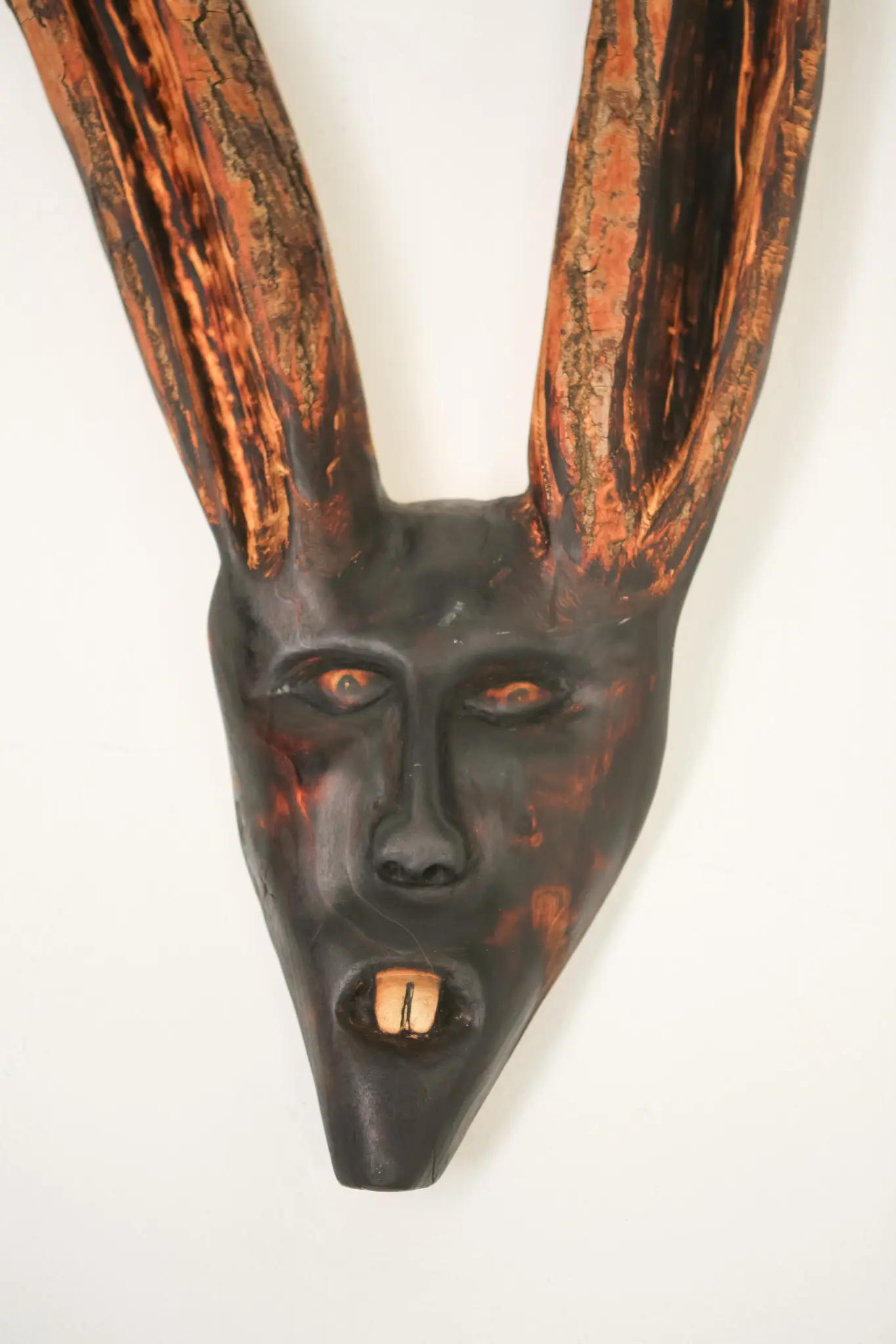 Détail rapproché du visage : traits anthropomorphes émergeant du bois sombre, yeux de verre incrustés et unique dent dorée dans la bouche.