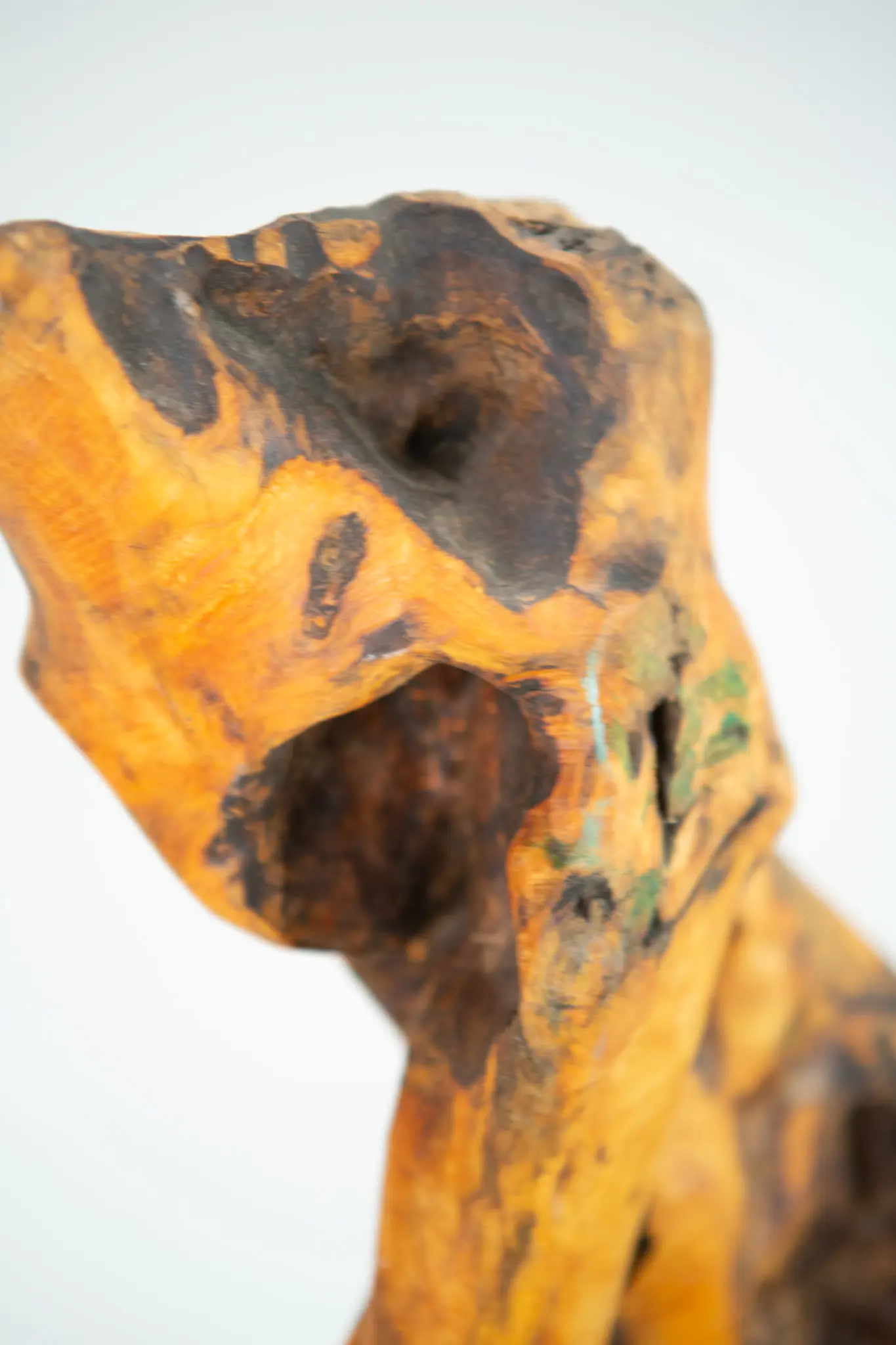 Gros plan sur la partie supérieure du bois sculpté, zones carbonisées sombres contrastant avec le bois clair, creux profond évoquant une orbite et traces de vert.