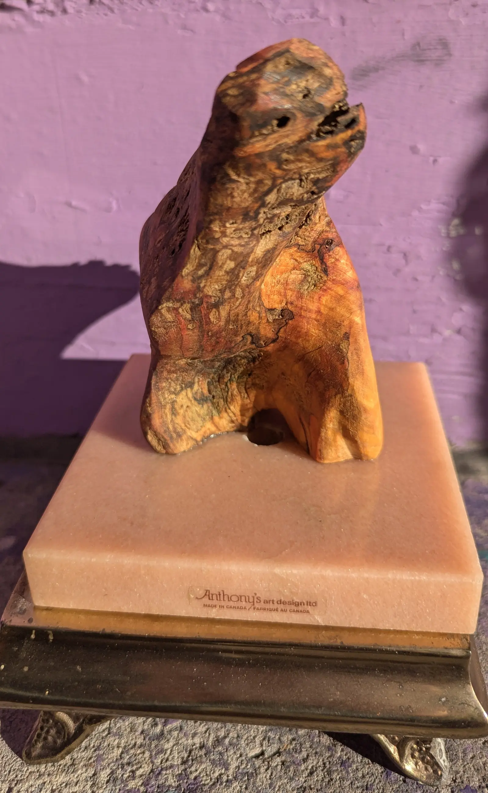 Bouche Bée de dos : la masse de bois, grêlée de petits creux sombres, brun-gris au sommet et orangée au bas, évoque une figure assise, museau levé, sans yeux ni cavité visibles, socle de marbre rose au rebord doré à petits pieds, mur violet
