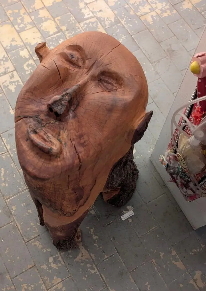 Chien de garde — sculpture de Robert Bibeau : visage humain taillé dans un tronc, vu de trois quarts