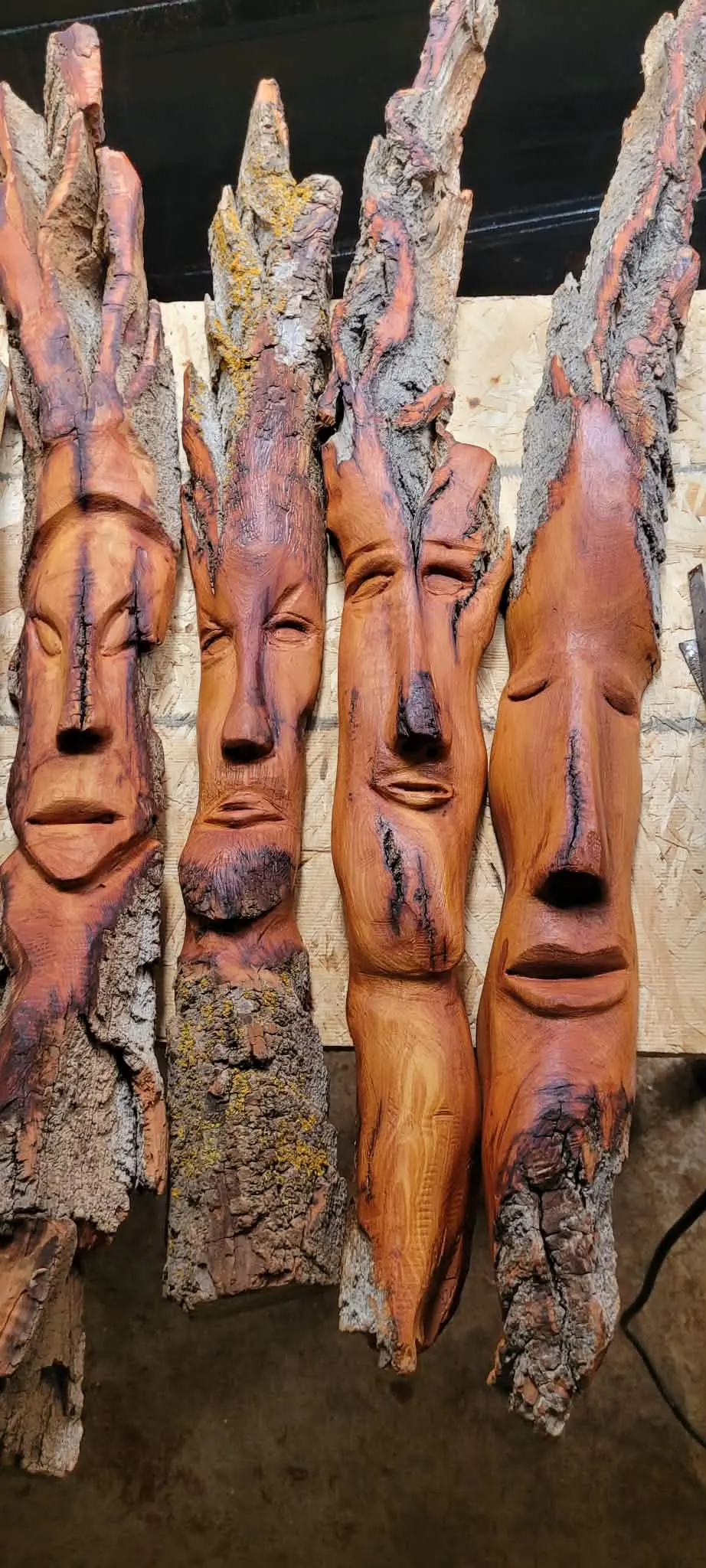 Quatre visages sculptés en taille directe dans des troncs d'arbres avec leur écorce