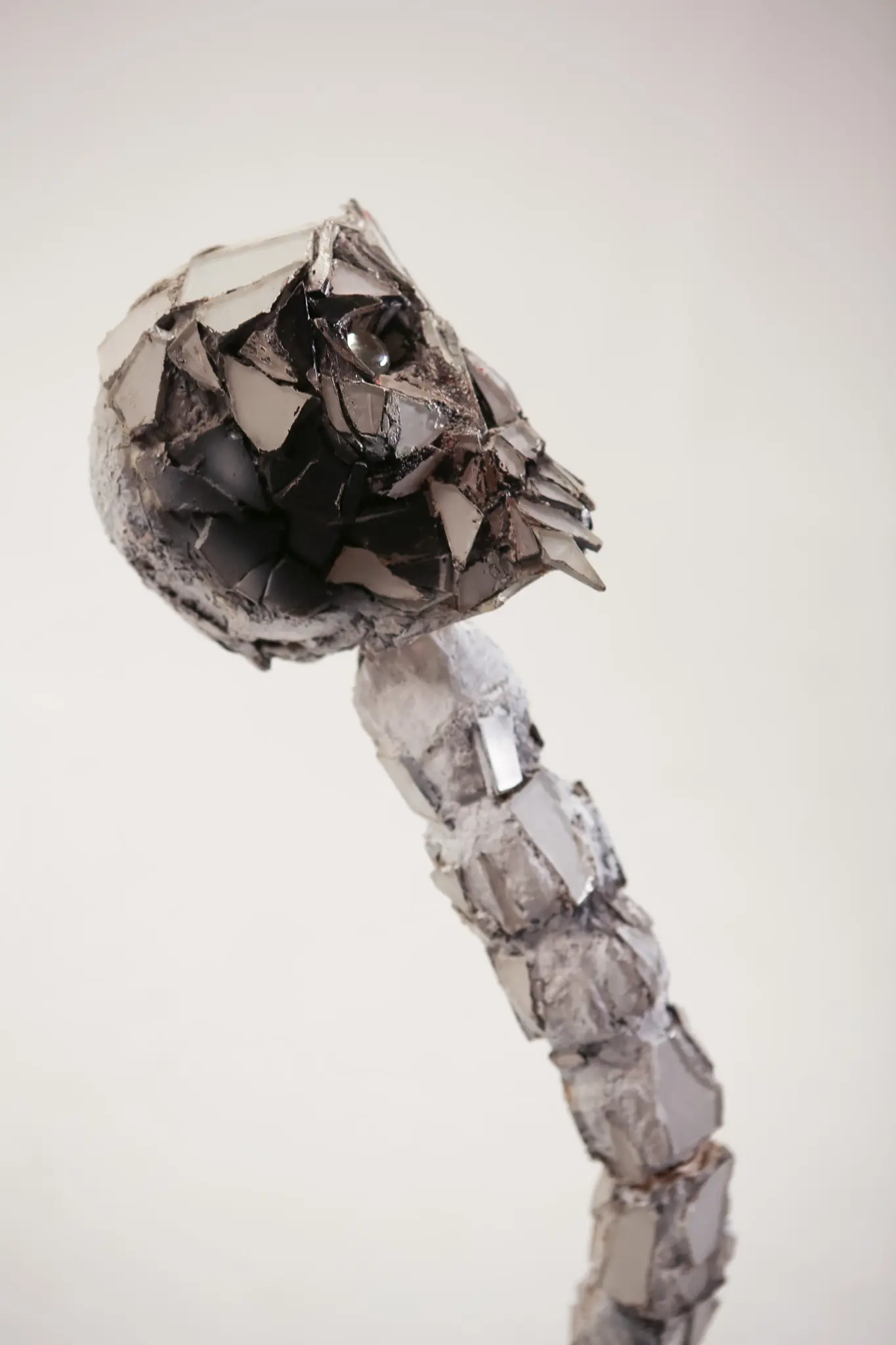 Crane en mosaique de miroir vu en plongee de profil, un oeil de verre visible, tessons sombres et clairs sertis sur la boite cranienne au bout du cou dresse.