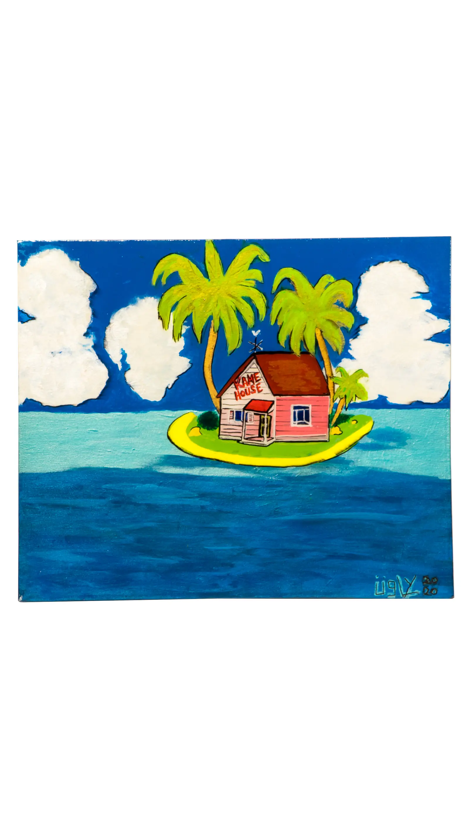 Peinture : petite maison rose inscrite « Kame House » sur une île à palmiers, mer turquoise et gros nuages blancs, œuvre de Robert Bibeau