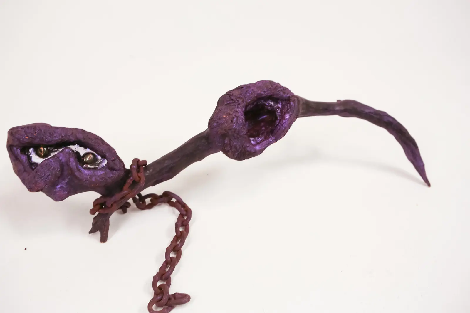 Vue rapprochée de la tête et de la cavité centrale béante tapissée de violet glacé, sur le corps en branche teinté.