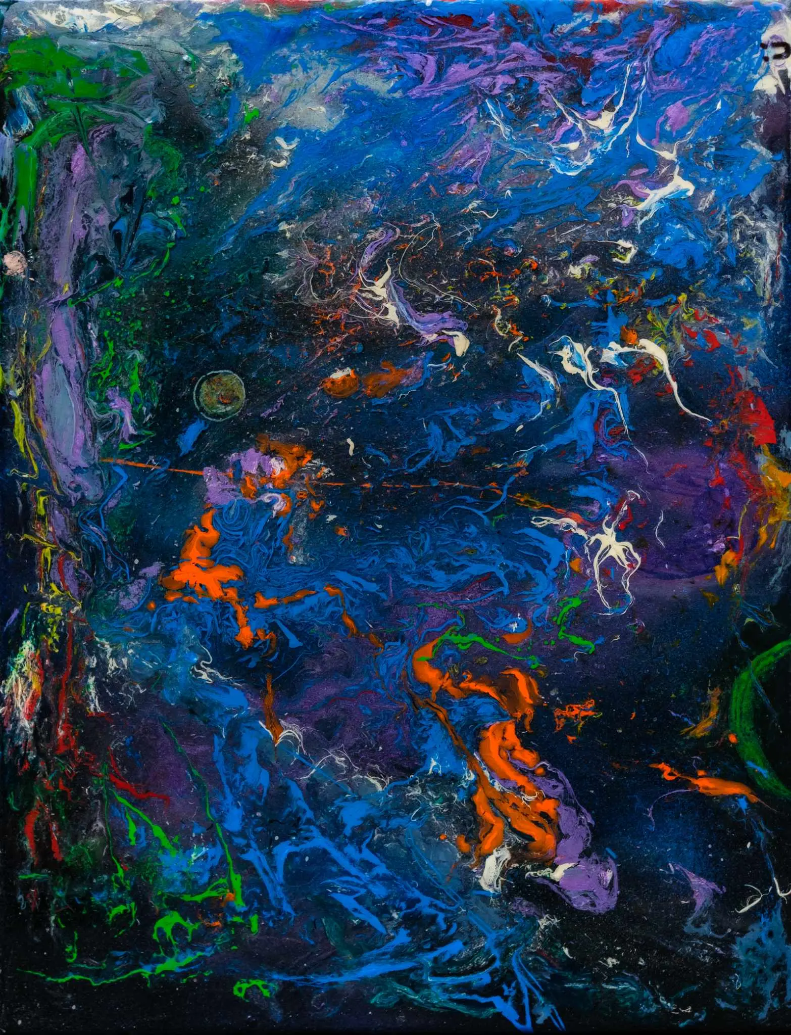 Abstraction aquatique, bleus et formes orangées en suspension.