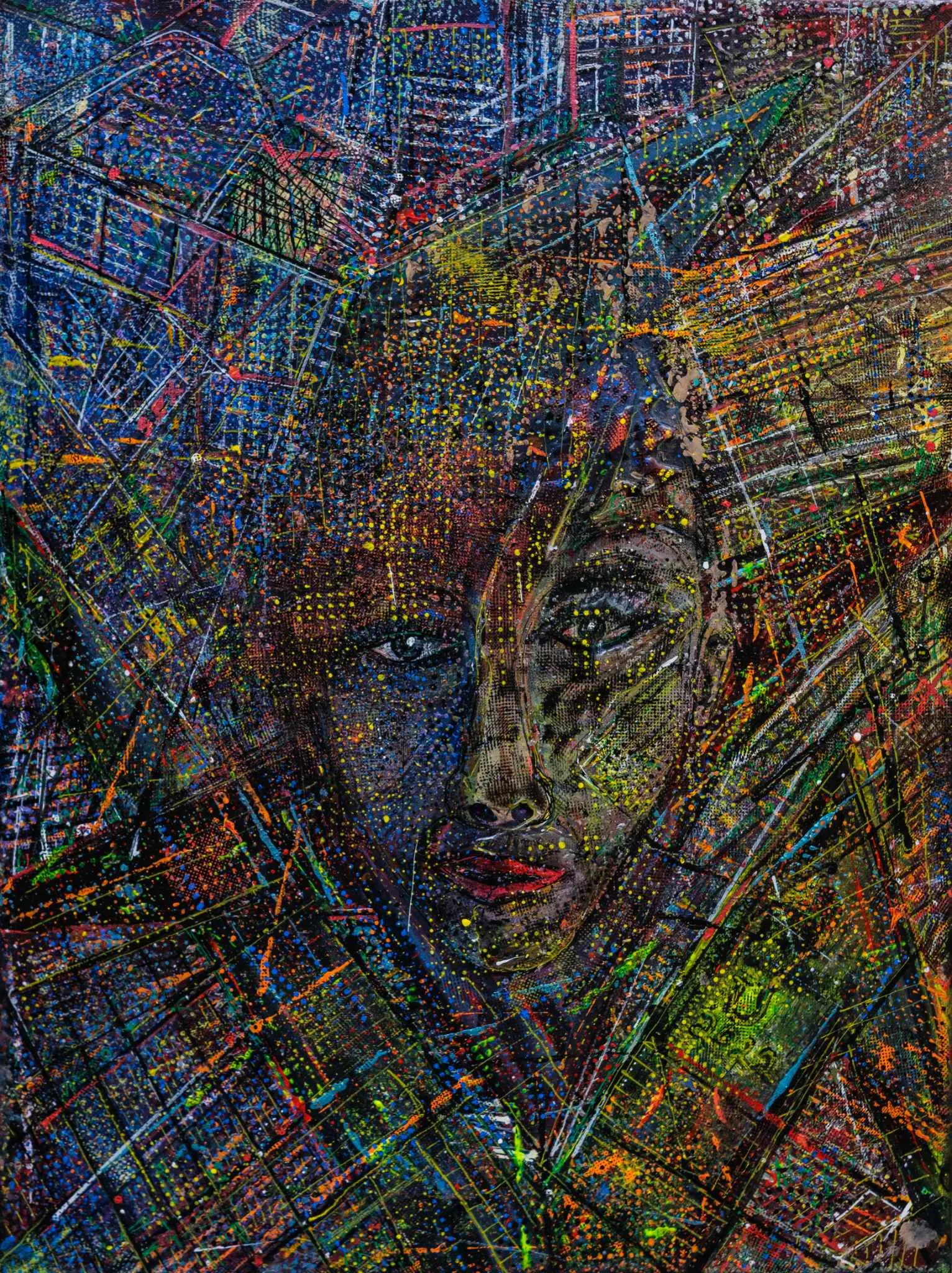 Abstraction sombre fourmillante, bleus et rouges, lignes griffées.