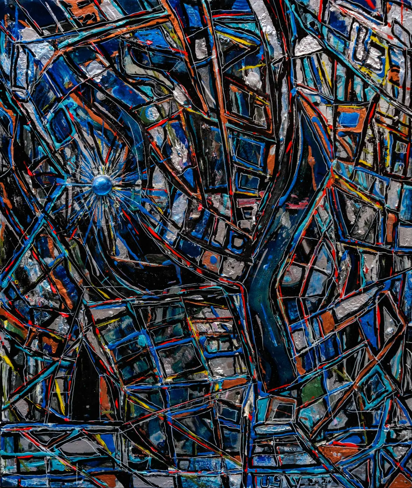 Abstraction verticale, bleus et touches multicolores, surface densément travaillée.