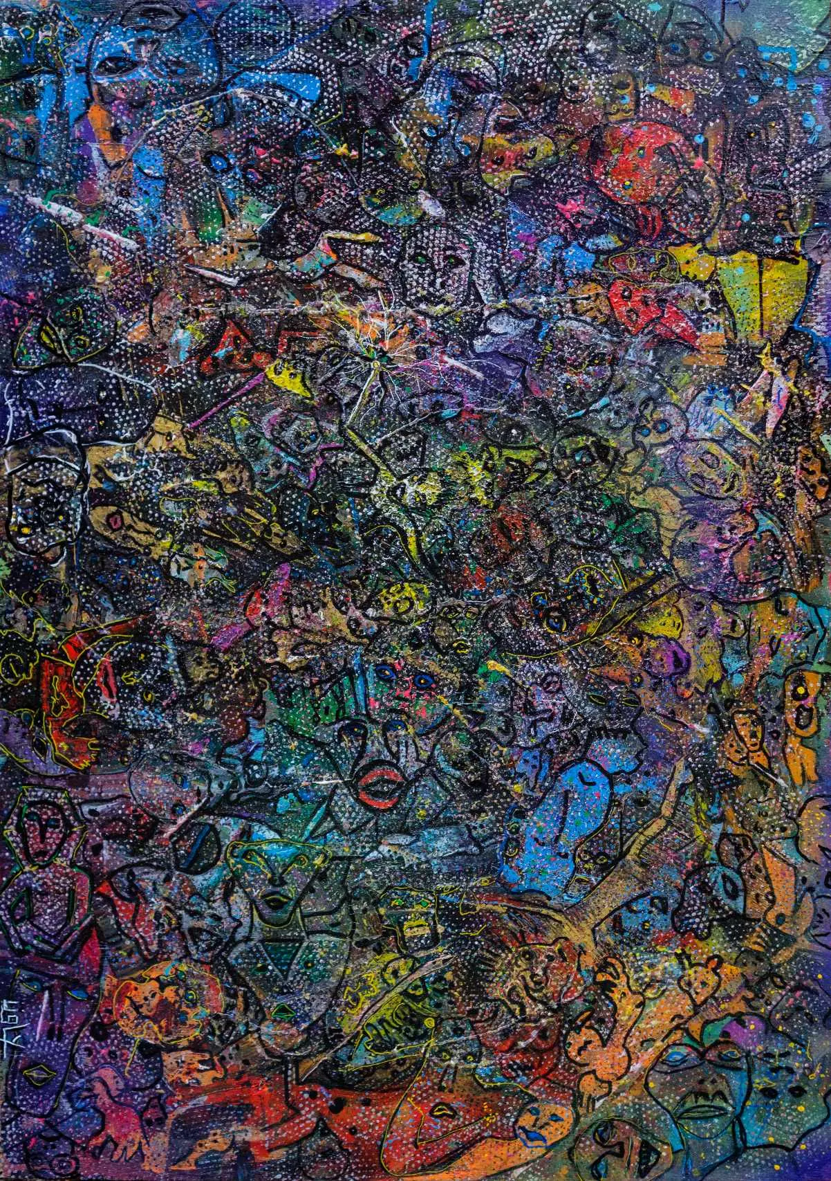 Abstraction dense, entrelacs multicolores.