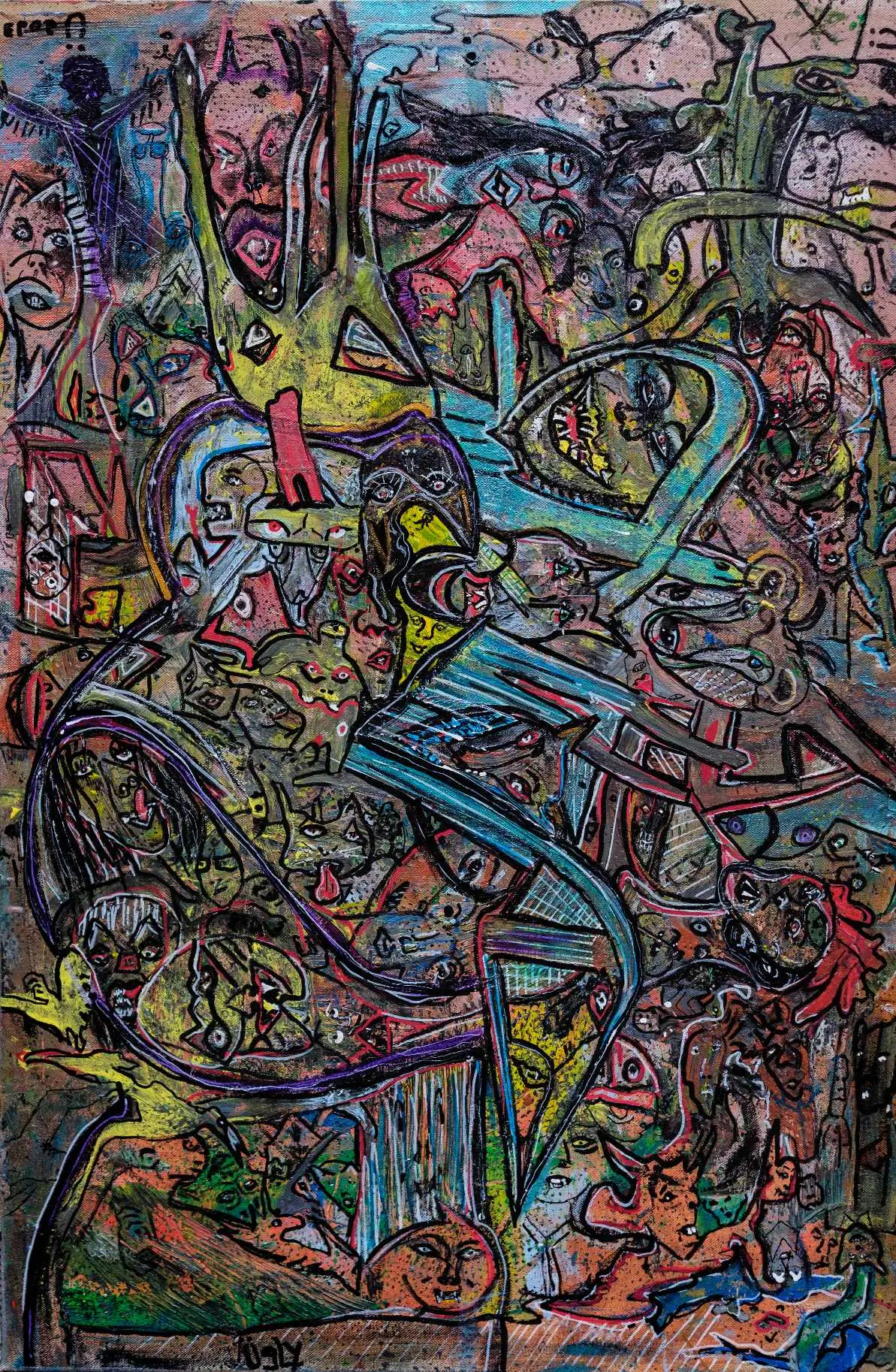 Abstraction foisonnante, couleurs vives entrelacées.