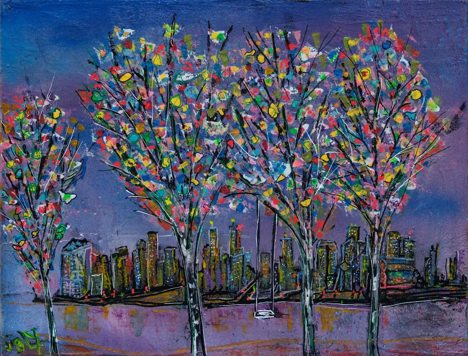 Arbre au feuillage pointilliste multicolore sur fond sombre.