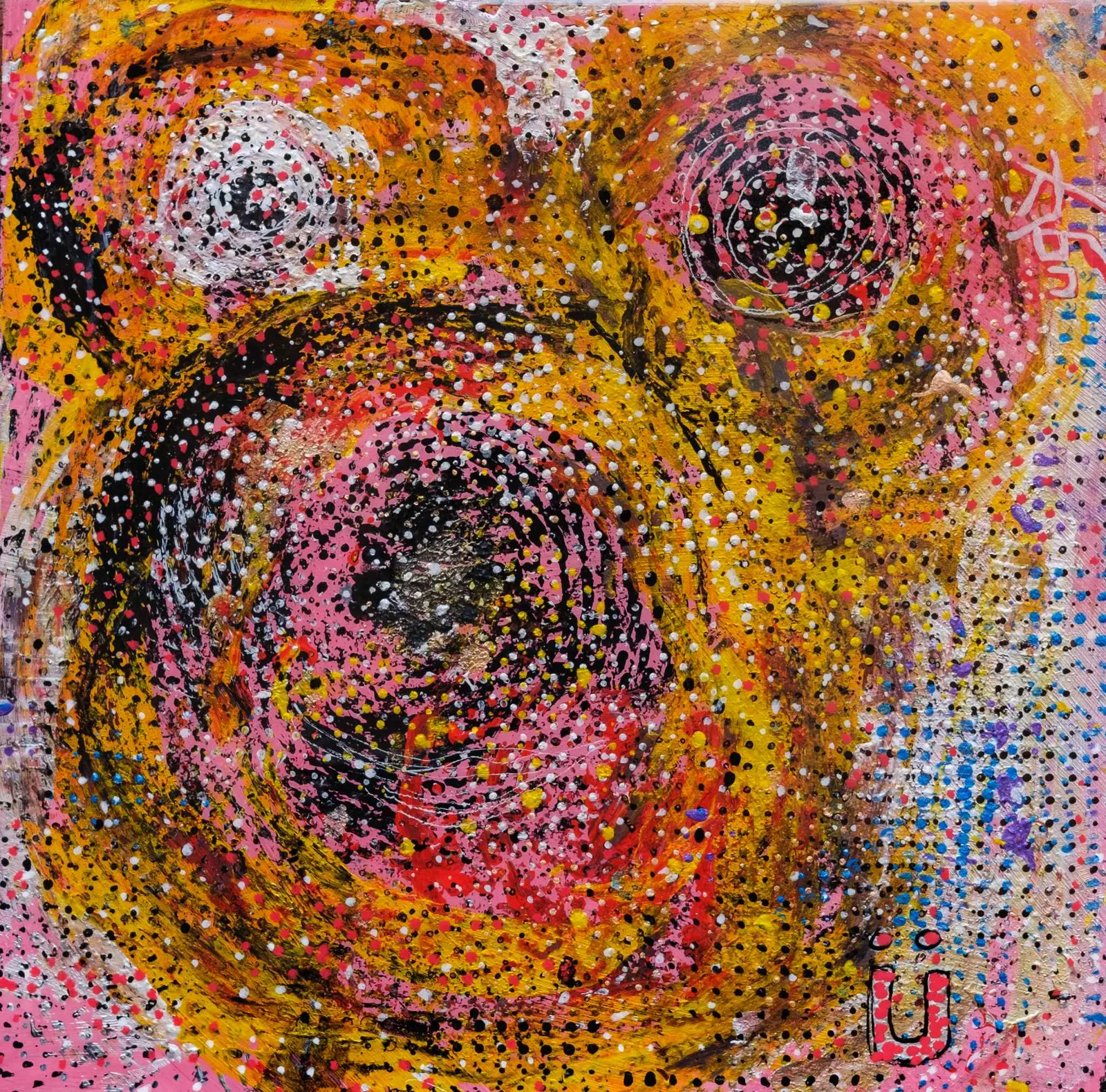 Cercles concentriques orangés, trame pointilliste.