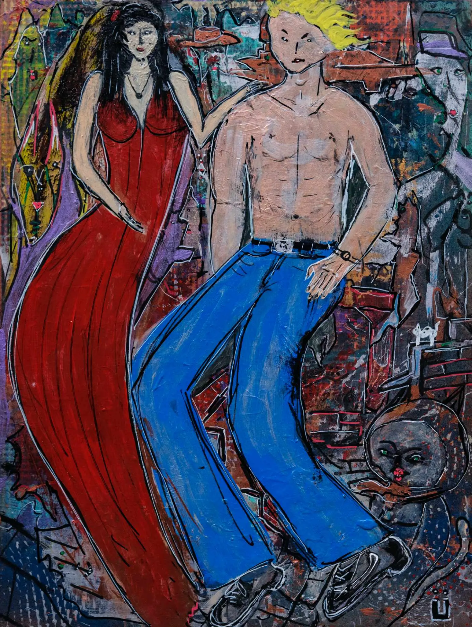 Deux figures, un homme et une femme, drapées de rouge et de bleu.