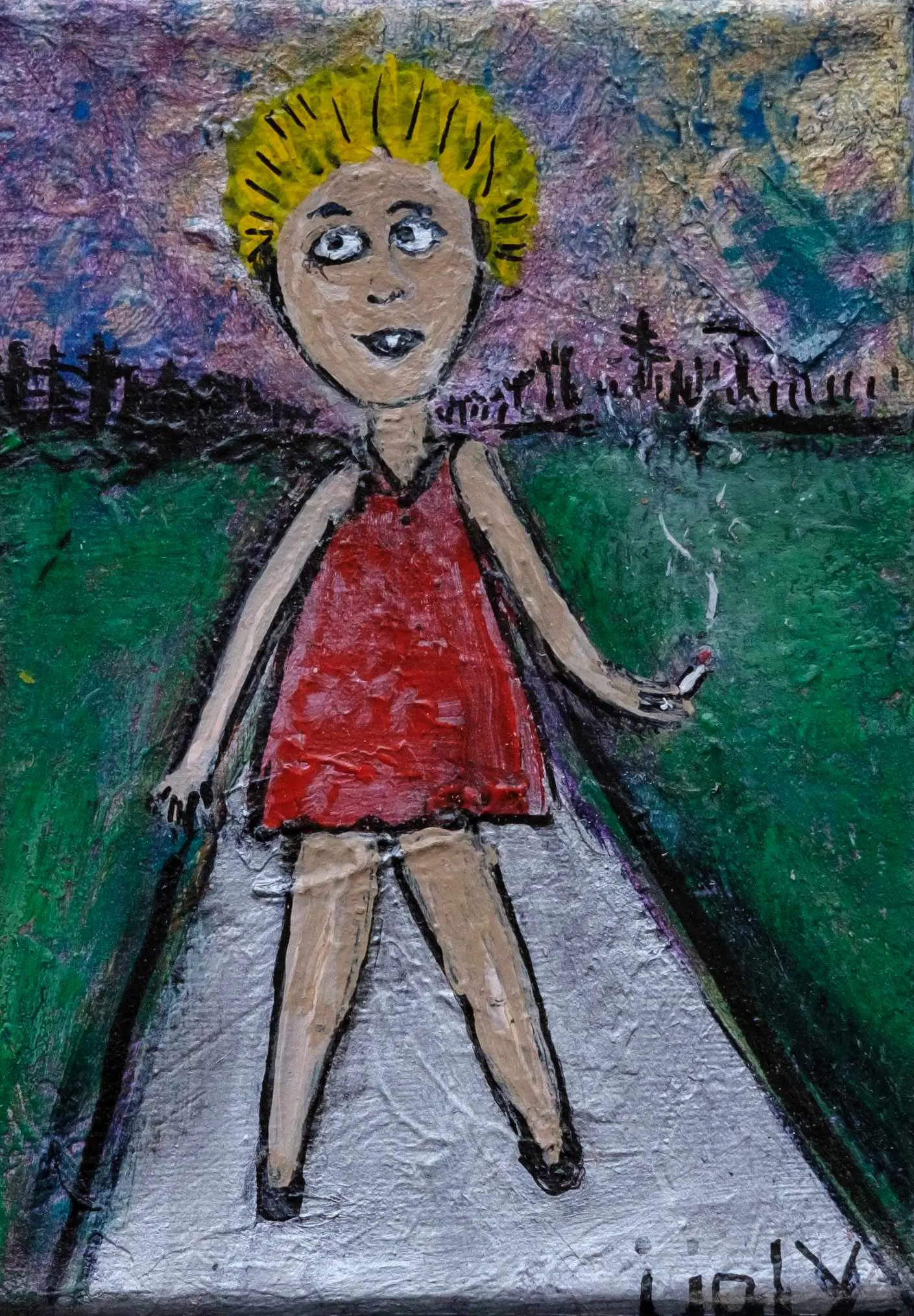 Figure enfantine en robe rouge, couronnée, sur un chemin vert. Figuration naïve.