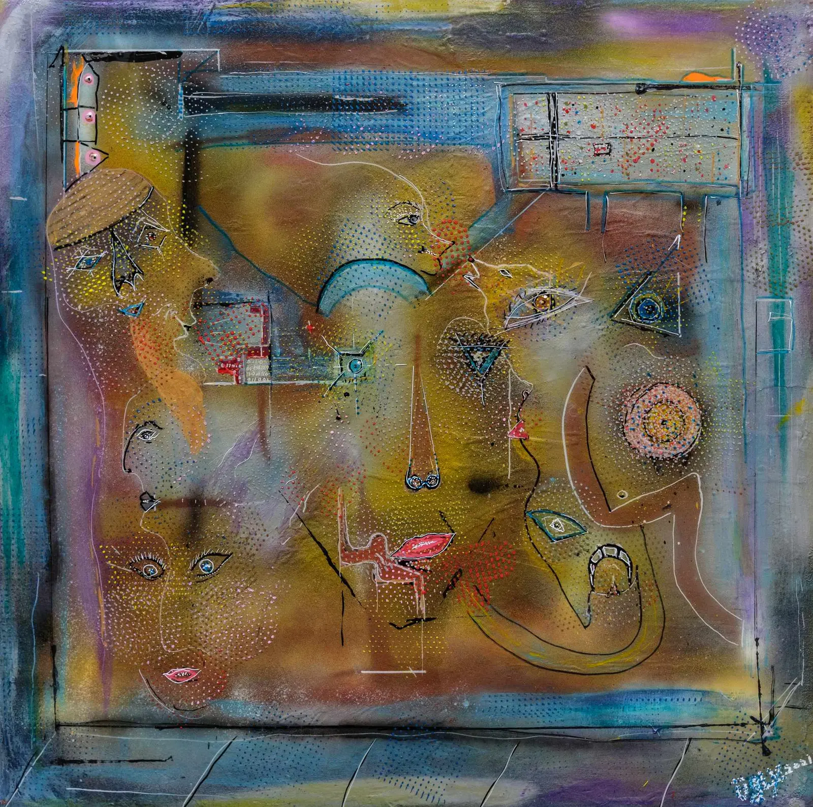 Formes circulaires sur fond olive et gris, abstraction tempérée.