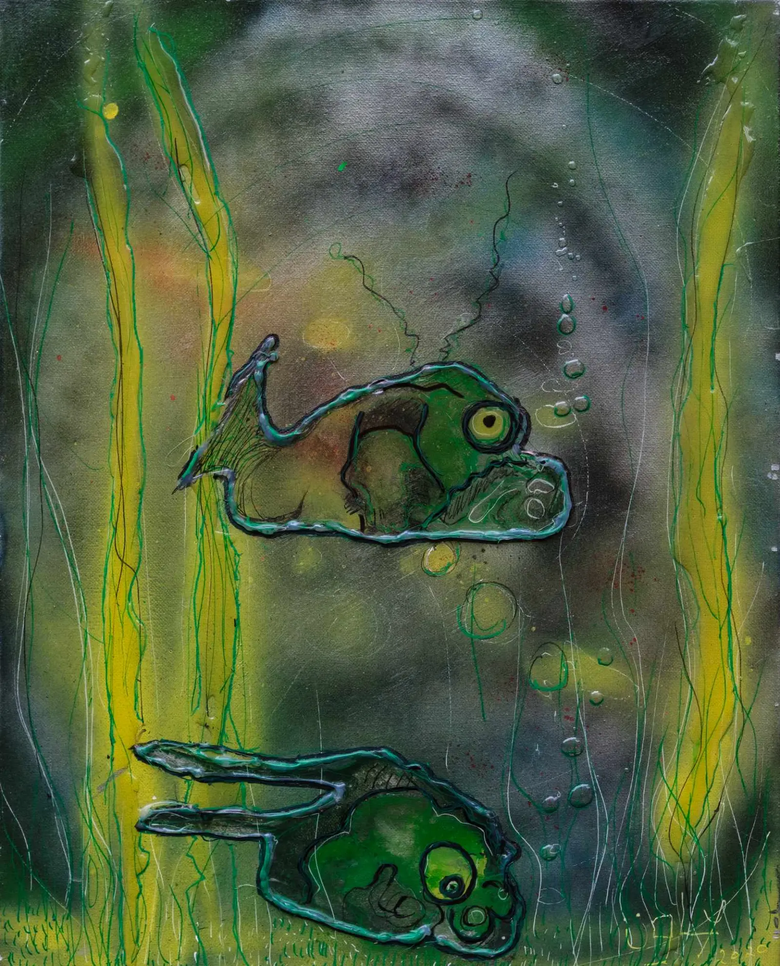 Formes flottantes sur champ vert, abstraction atmosphérique.