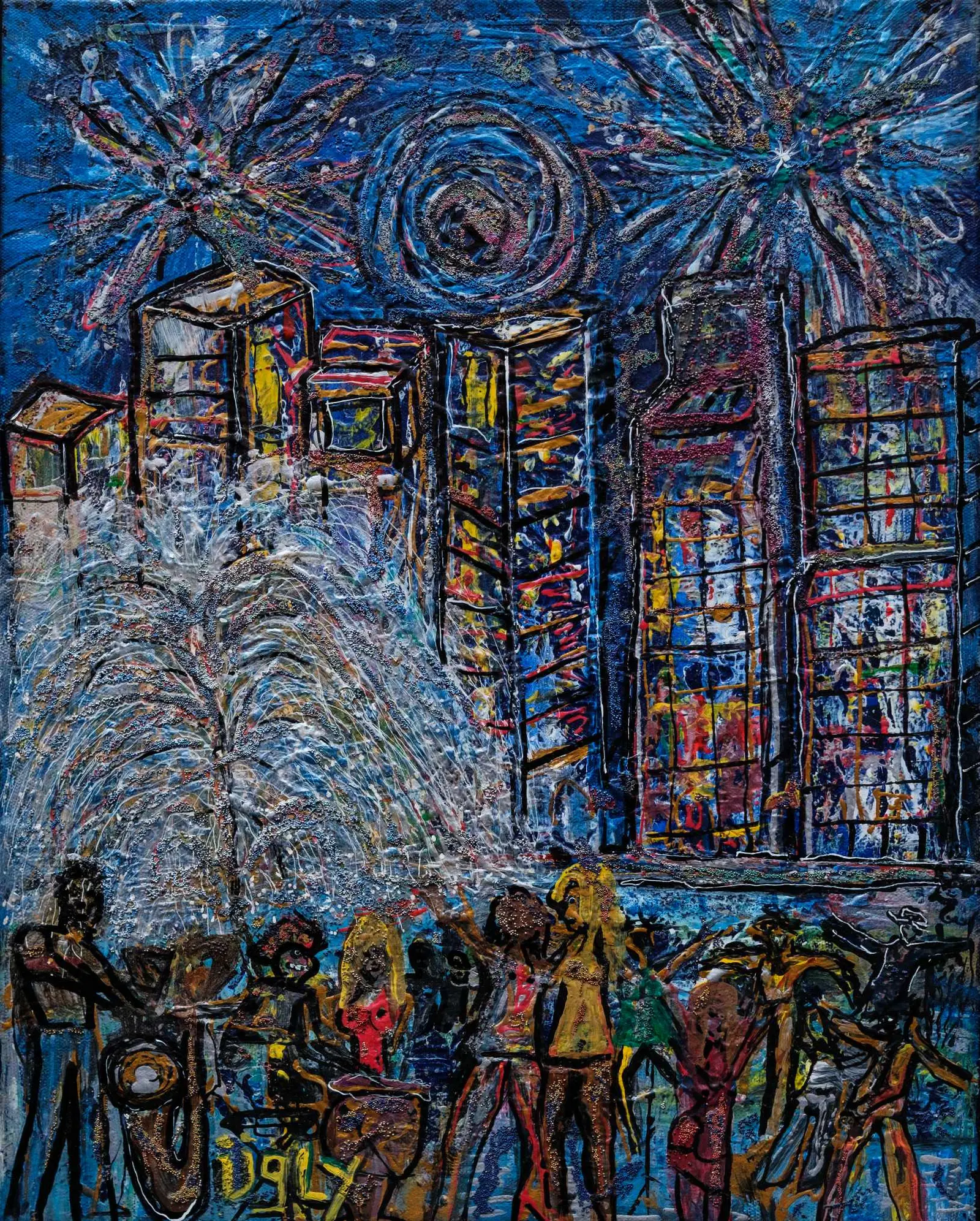 Foule de figures dans une abstraction sombre, éclats orangés.