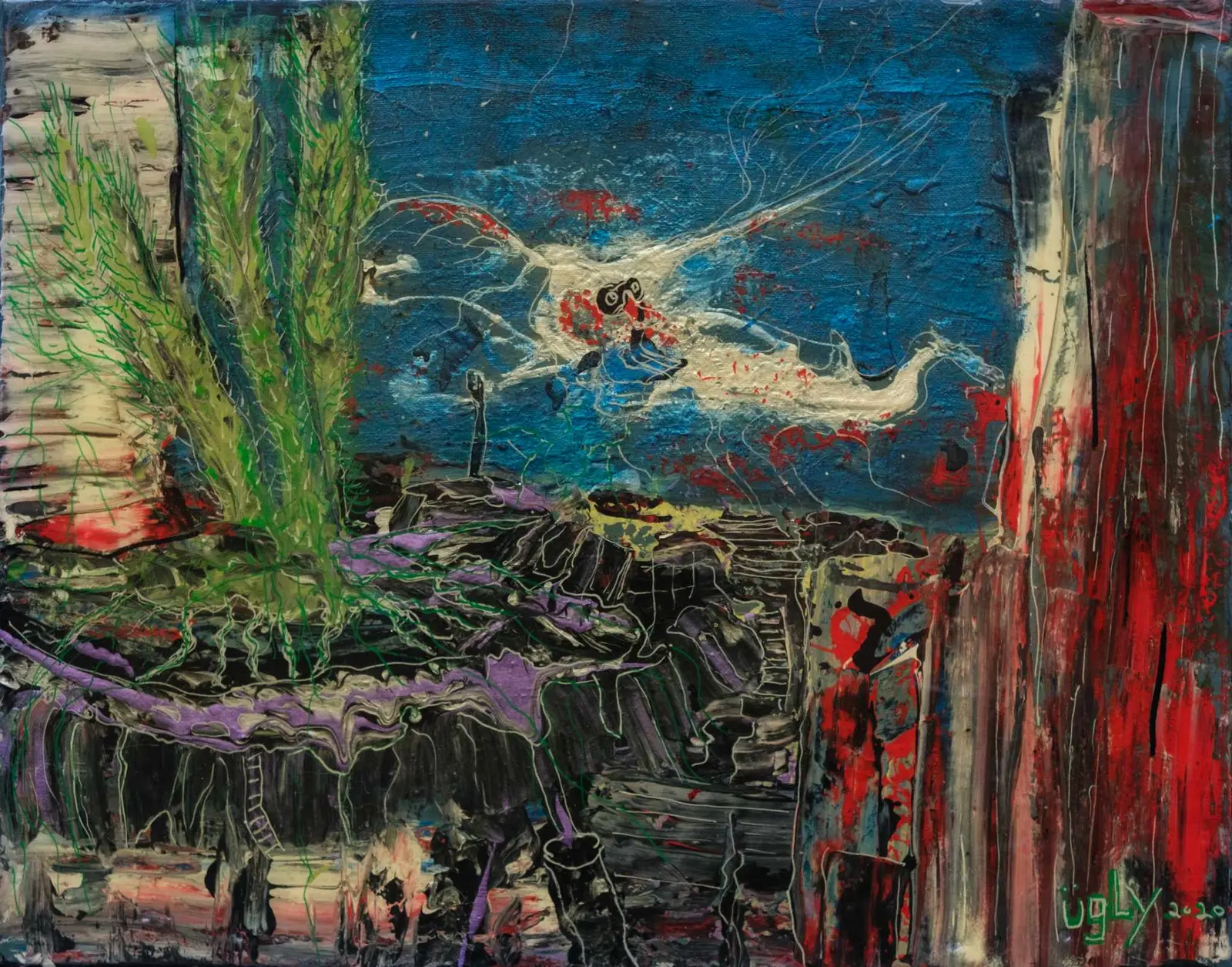 Oiseau blanc déployé au-dessus d'un paysage sombre, arbre vert, accents rouges.
