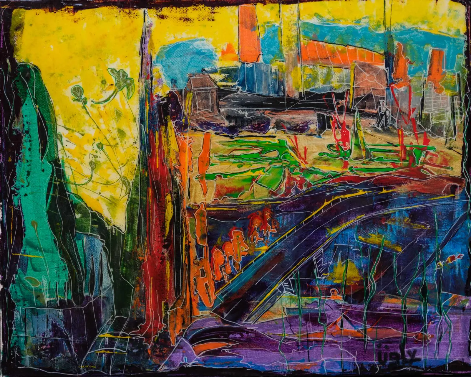 Paysage urbain expressionniste, jaunes et verts saturés, bâtiments inclinés.