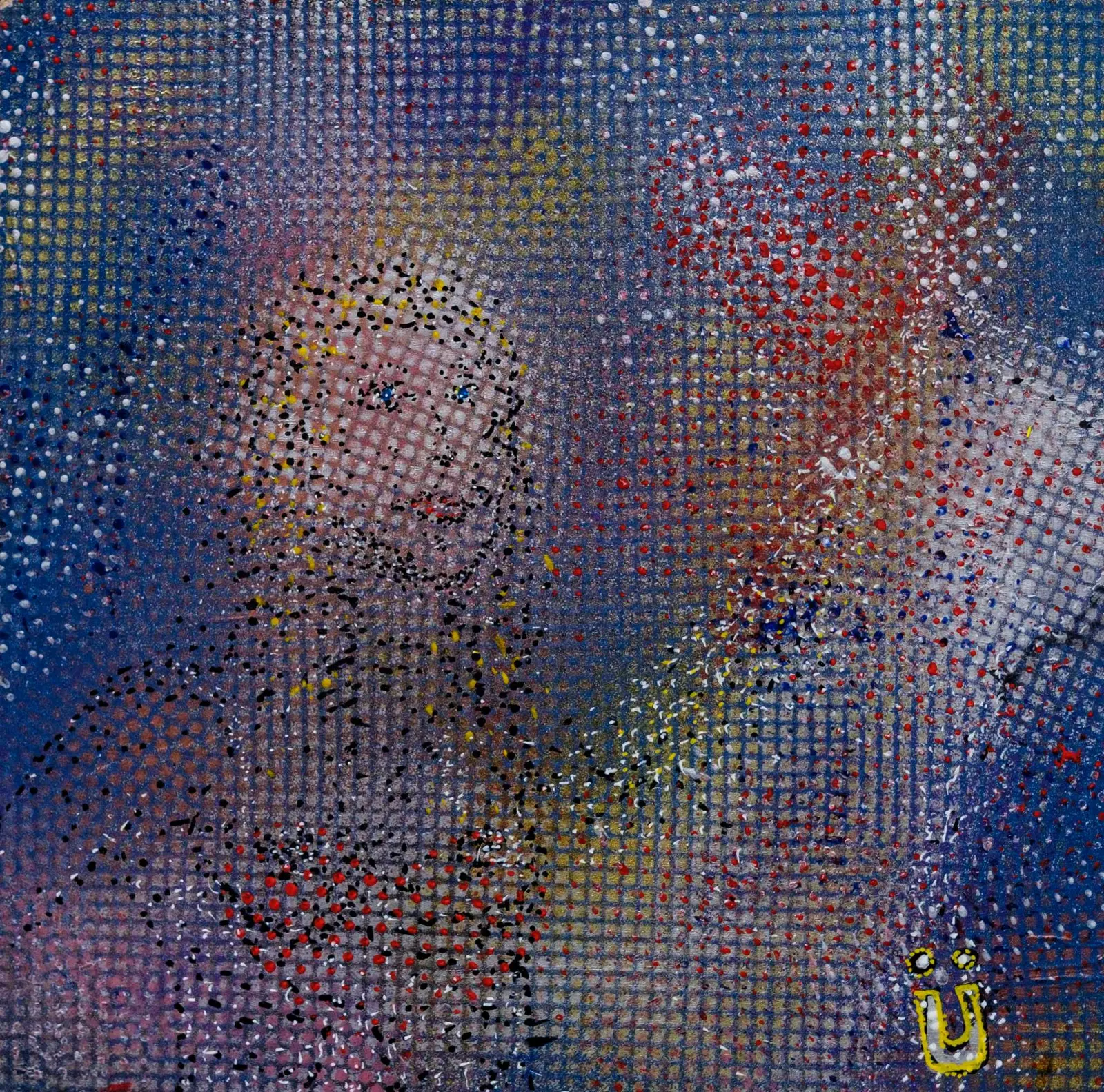 Trame pointilliste violette dense, un visage affleure de la surface.