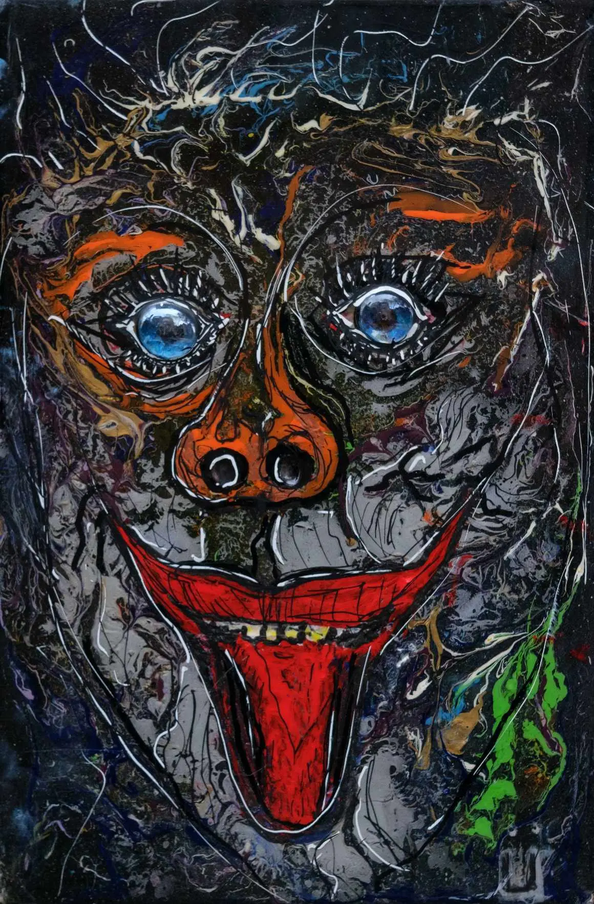 Visage grotesque, rouges et jaunes, bouche ouverte. Masque expressionniste.