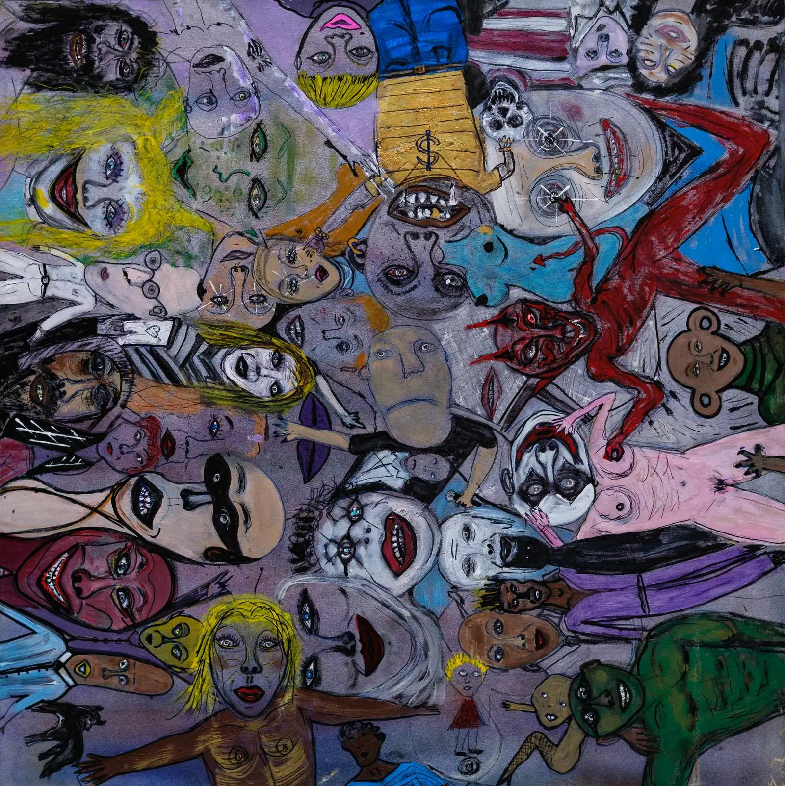 Visages et masques affleurant d'une trame colorée dense.