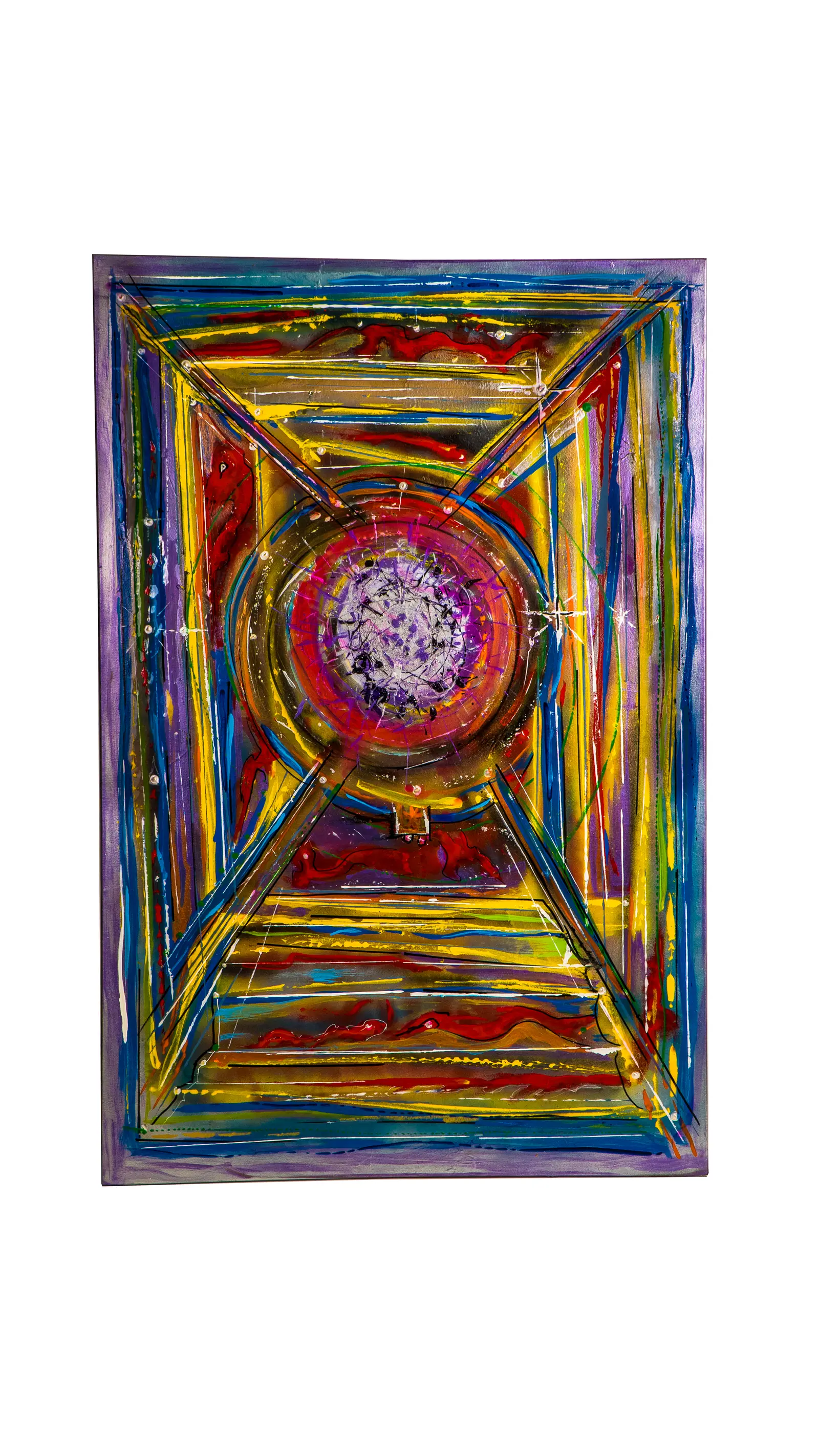 Panneau abstrait : lignes jaunes, bleues et rouges convergeant vers un cercle central violet, cadre mauve peint, œuvre de Robert Bibeau