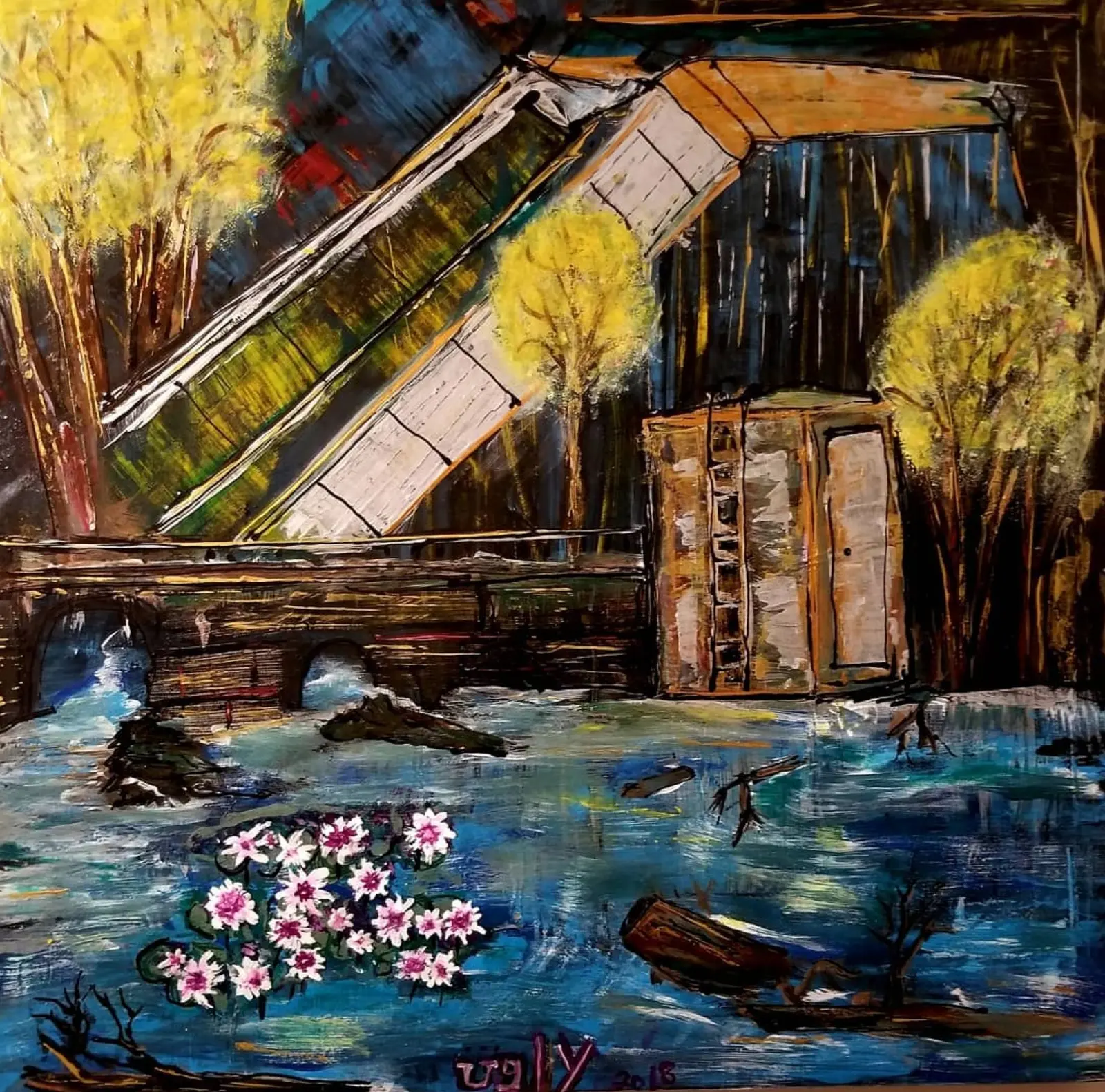 Painting of a drawbridge with its deck raised on the diagonal, pale planks edged in ochre against a dark sky, a shed with a ladder and yellow-leaved trees on the right, and a blue river carrying logs with a cluster of pink and white flowers in the foreground, work by Robert Bibeau