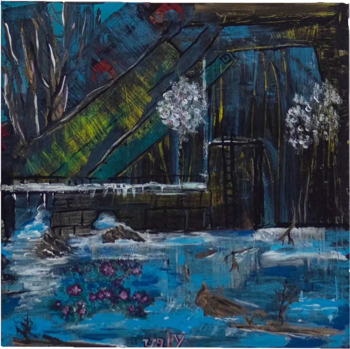 Winter night landscape, snowy cabin under dark sky, Van Ugly series, work by Robert Bibeau