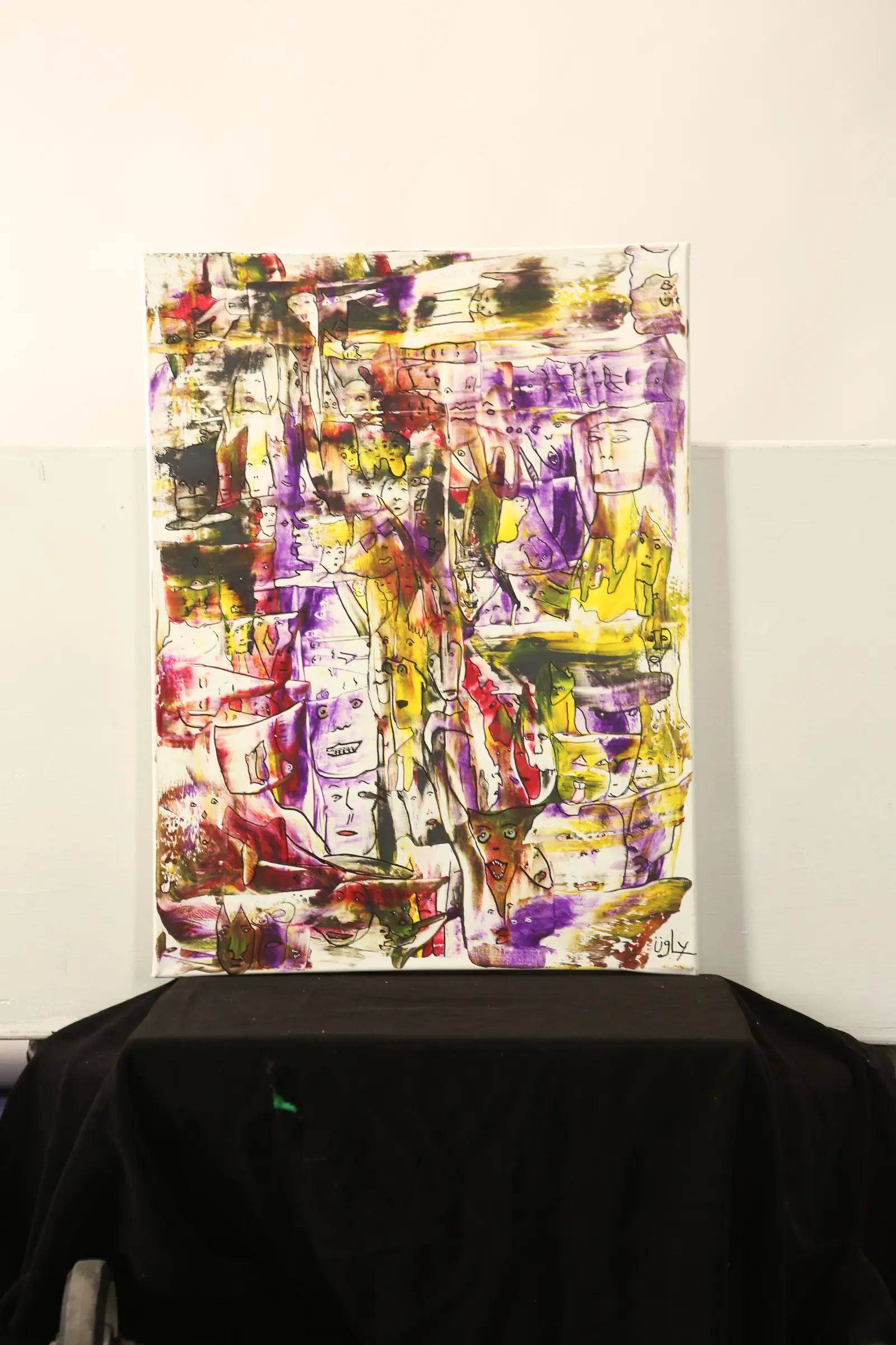Dense composition in purple/red/yellow/white drips — lyrical expressionism.