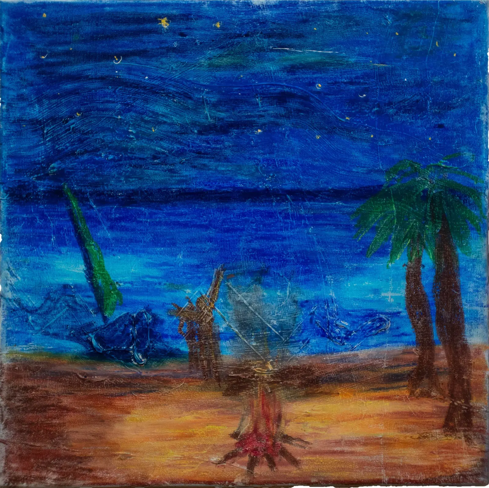 Plage et palmier nocturnes — peinture Van Ugly omise, photo source export Google Drive