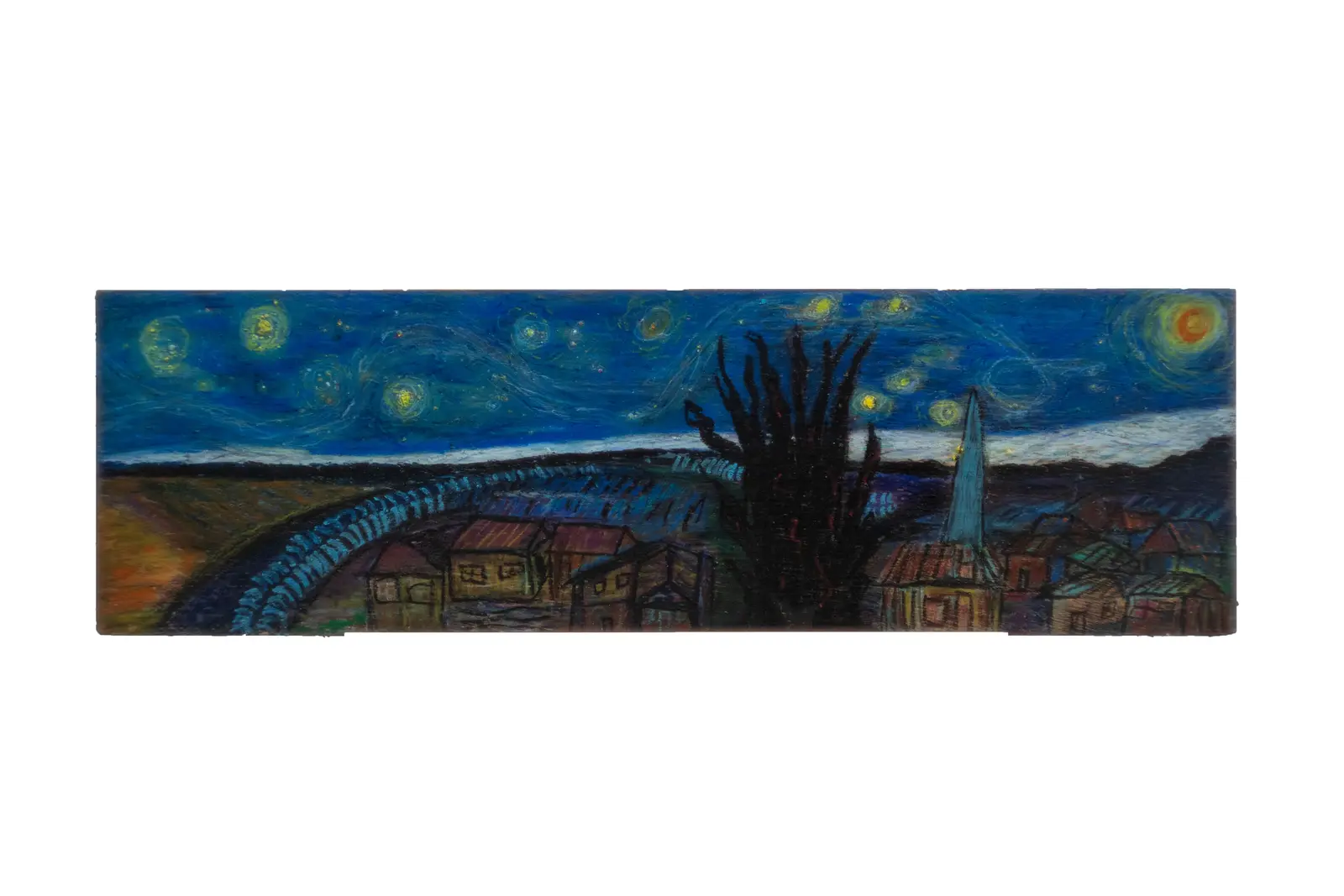 « La suite de la Nuit étoilée » : pastel gras sur un long panneau de bois horizontal. À droite, le village, le clocher et le cyprès de la Nuit étoilée de Van Gogh sous un ciel tourbillonnant ; à gauche, un champ ocre et un chemin bleu serpentant, prolongement du paysage imaginé par Robert Bibeau. Signé « Van Ugly ».