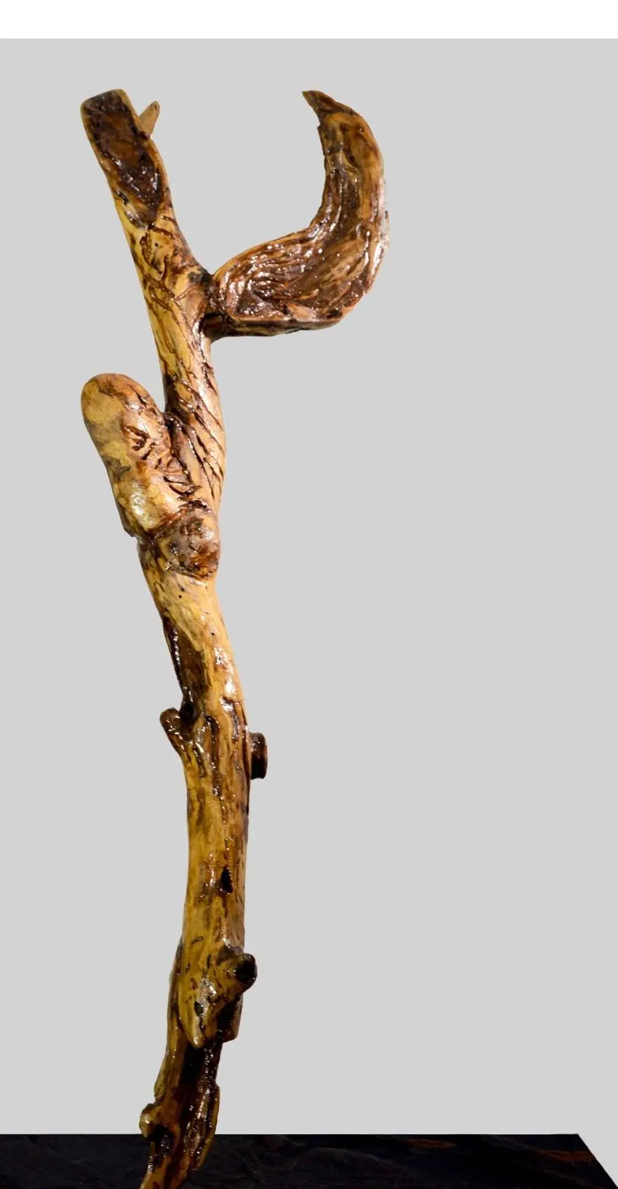 The Flipping Duck — sculpture de Robert Bibeau : branche sculptée verticale, oiseau émergeant du bois trouvé, fini verni