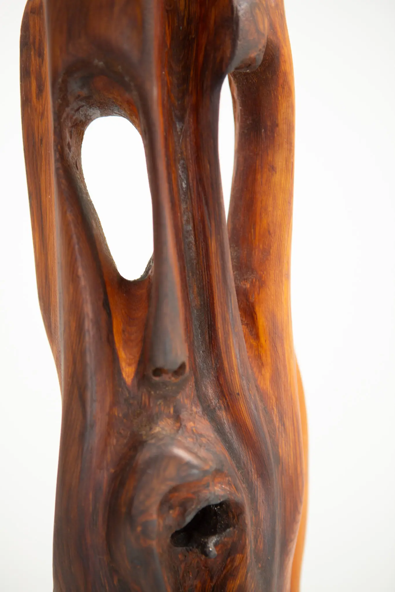 Détail rapproché d'une cavité percée et d'un nœud du bois sculpté, surface lustrée aux veines contrastées.