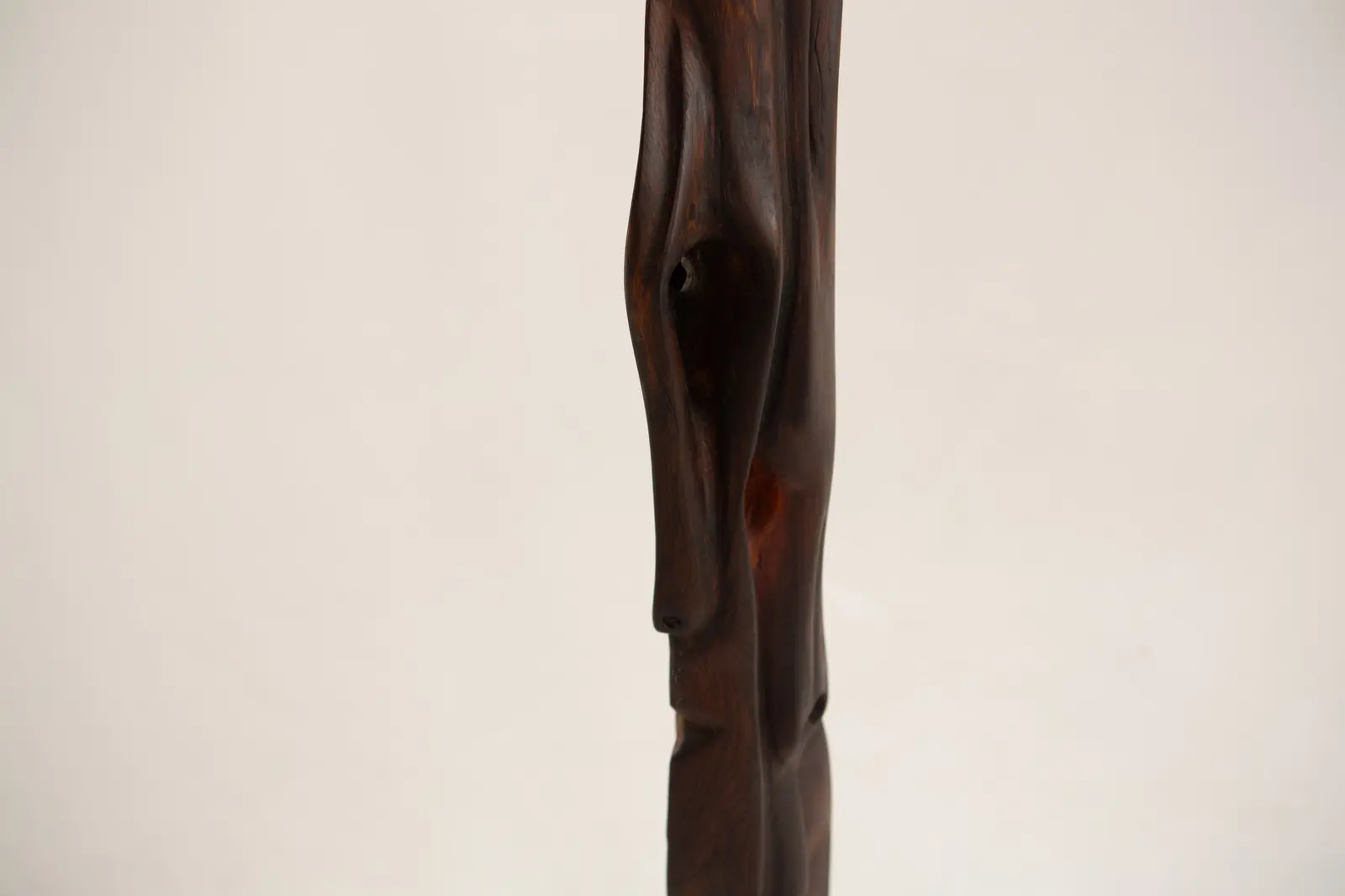 Section basse de la sculpture en bois trouvé, renflement creusé d'un orifice sombre sur fond clair.